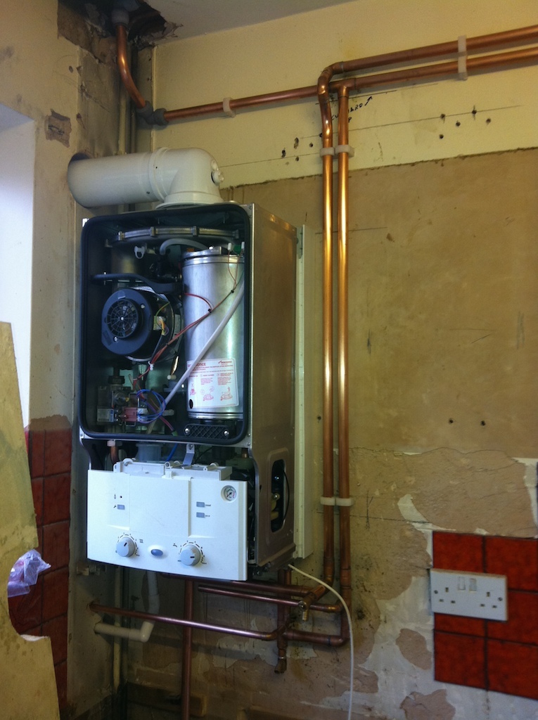 gas boiler with its front cover removed